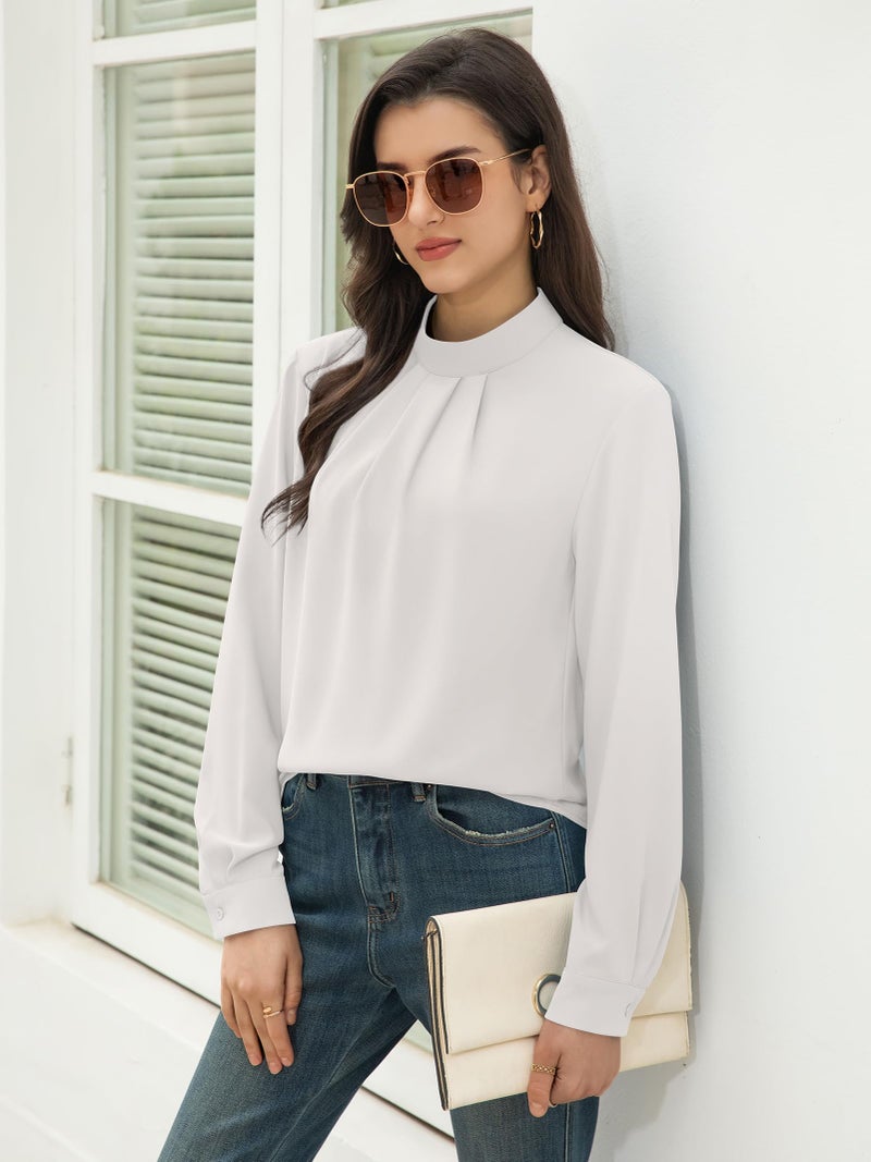 Funlingo Fall Tops for Women Dressy Casual Trendy Long Sleeve Work White Blouse Mock Neck Tunic Office Formal Chiffon Shirt Pleated Clothes L - Image 4