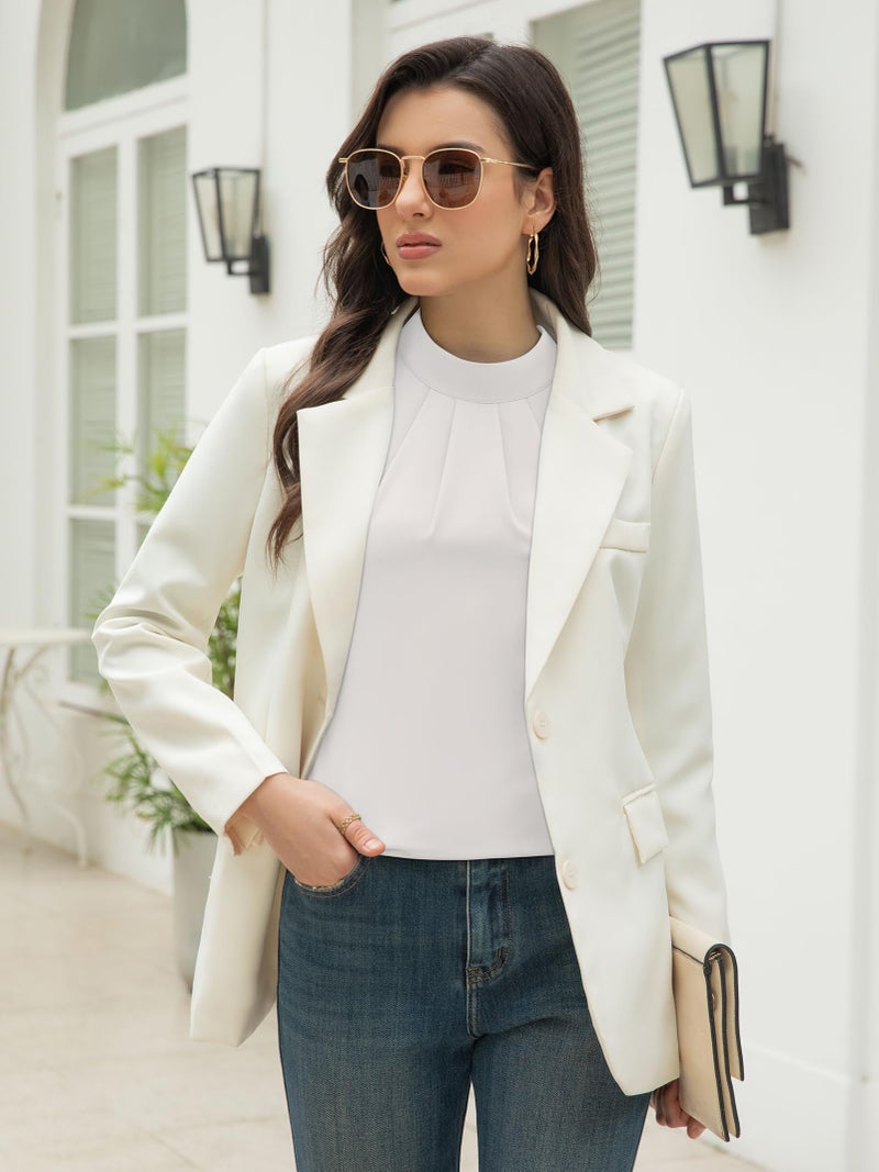 Funlingo Fall Tops for Women Dressy Casual Trendy Long Sleeve Work White Blouse Mock Neck Tunic Office Formal Chiffon Shirt Pleated Clothes L - Image 3