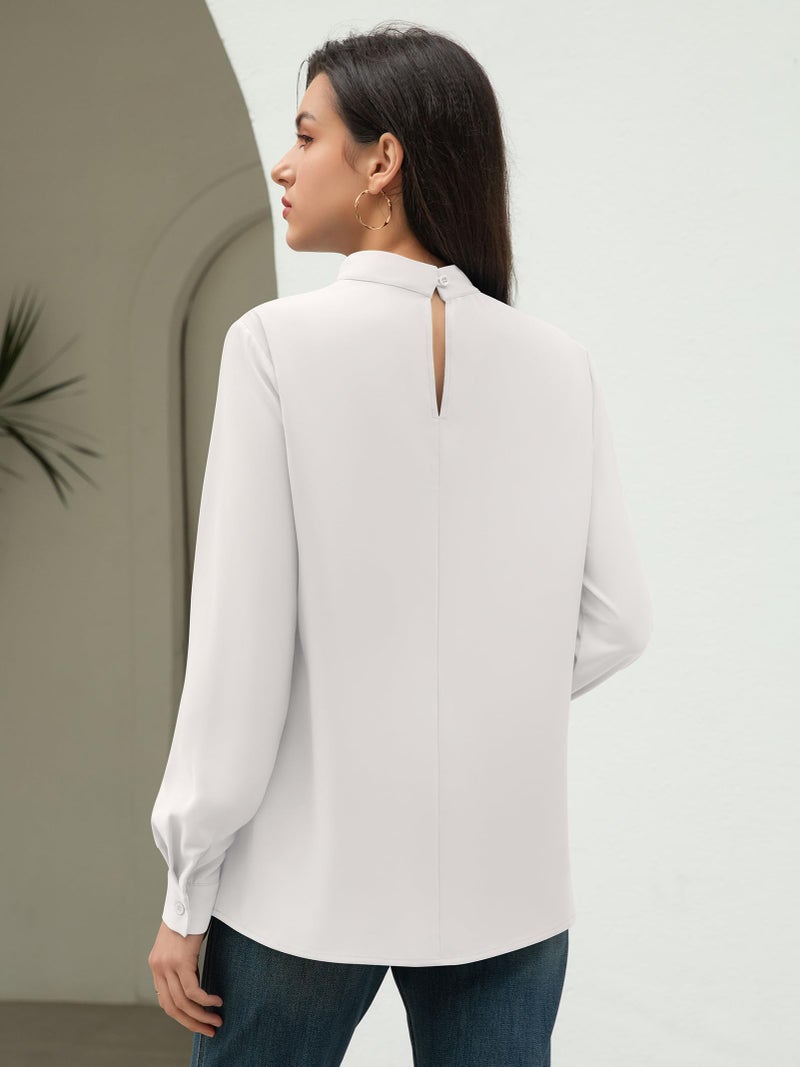Funlingo Fall Tops for Women Dressy Casual Trendy Long Sleeve Work White Blouse Mock Neck Tunic Office Formal Chiffon Shirt Pleated Clothes L - Image 5