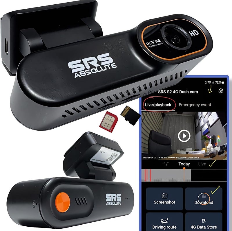SRS Absolute 2K 4G Dash Cam Loop Record 24x7 Remote Live Audio Video GPS Track SOS Park Surveillance Playback Download Dual Resolution GeoFence Hyper Lapse Motion GSensor 1TB MicroSD SIM Support S24G - Image 1