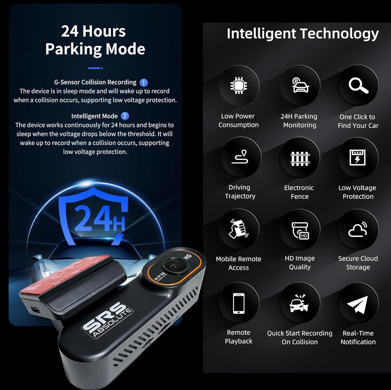 SRS Absolute 2K 4G Dash Cam Loop Record 24x7 Remote Live Audio Video GPS Track SOS Park Surveillance Playback Download Dual Resolution GeoFence Hyper Lapse Motion GSensor 1TB MicroSD SIM Support S24G - Image 3