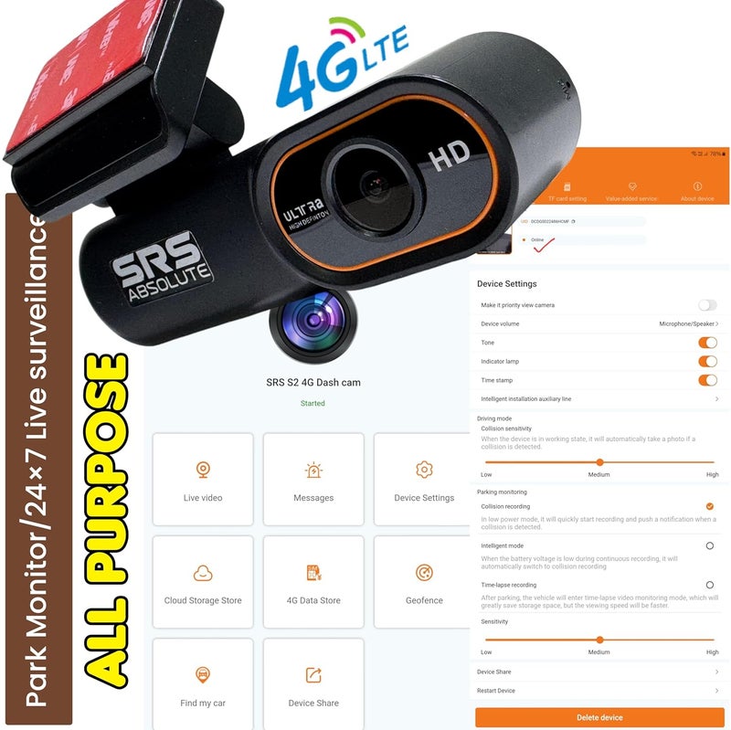 SRS Absolute 2K 4G Dash Cam Loop Record 24x7 Remote Live Audio Video GPS Track SOS Park Surveillance Playback Download Dual Resolution GeoFence Hyper Lapse Motion GSensor 1TB MicroSD SIM Support S24G - Image 2