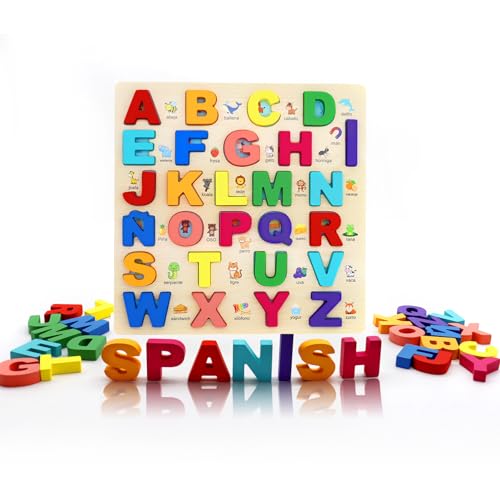 MAYAPHILOS Wooden Alphabet Puzzle Learn Spanish for Kids with 27 Spanish Letters Colorful ABC Shape Puzzles for Kids Preschool Educational Learning Toys for Girls and Boys - Image 1
