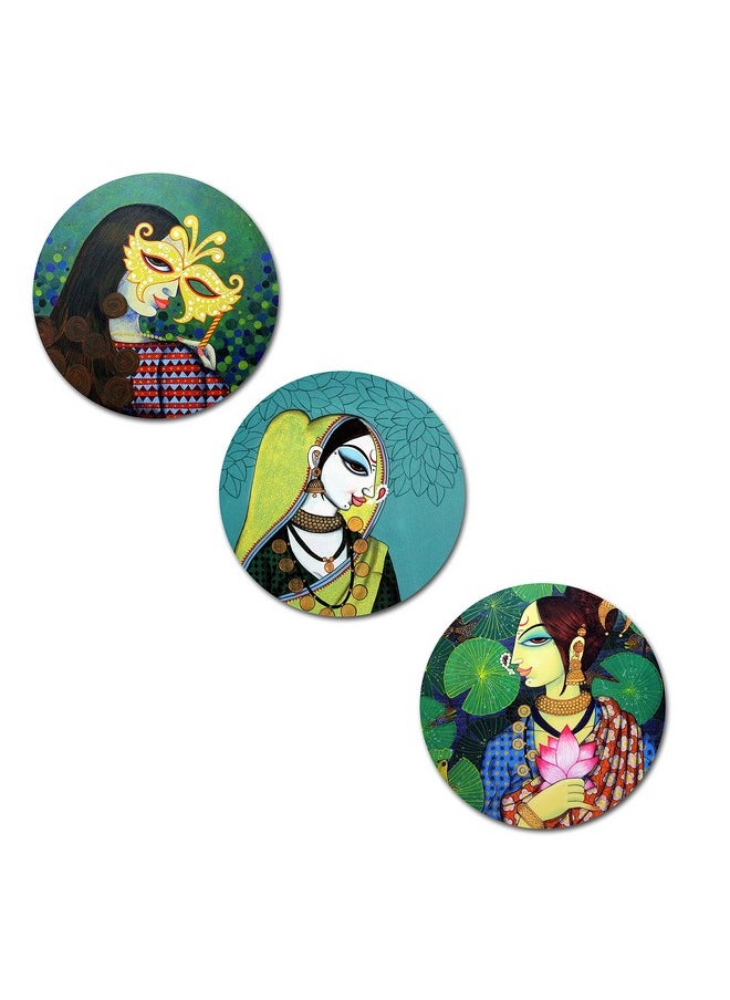 KARTIK Kartik Round Ladies Print Wall Painting for Living Room with Wooden Frame and Without Glass - Set of 3  - Image 1
