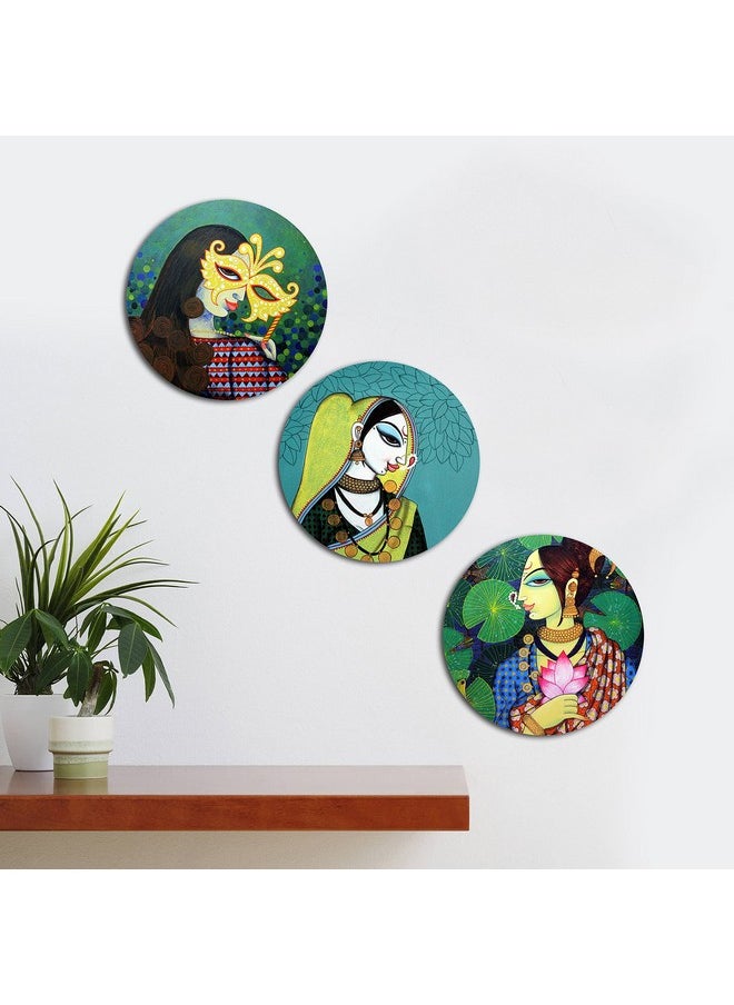 KARTIK Kartik Round Ladies Print Wall Painting for Living Room with Wooden Frame and Without Glass - Set of 3  - Image 2