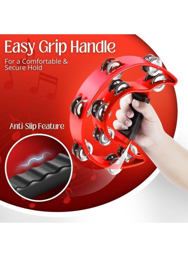 Pro Half Moon Plus Tambourine Handheld Bell Shaker Handbell Rattle Rhythm Hand Percussion Instrument with Double Row of 20x Steel Jingle Pair & Ergonomic Grip for Band Party Concert School Church - Image 2