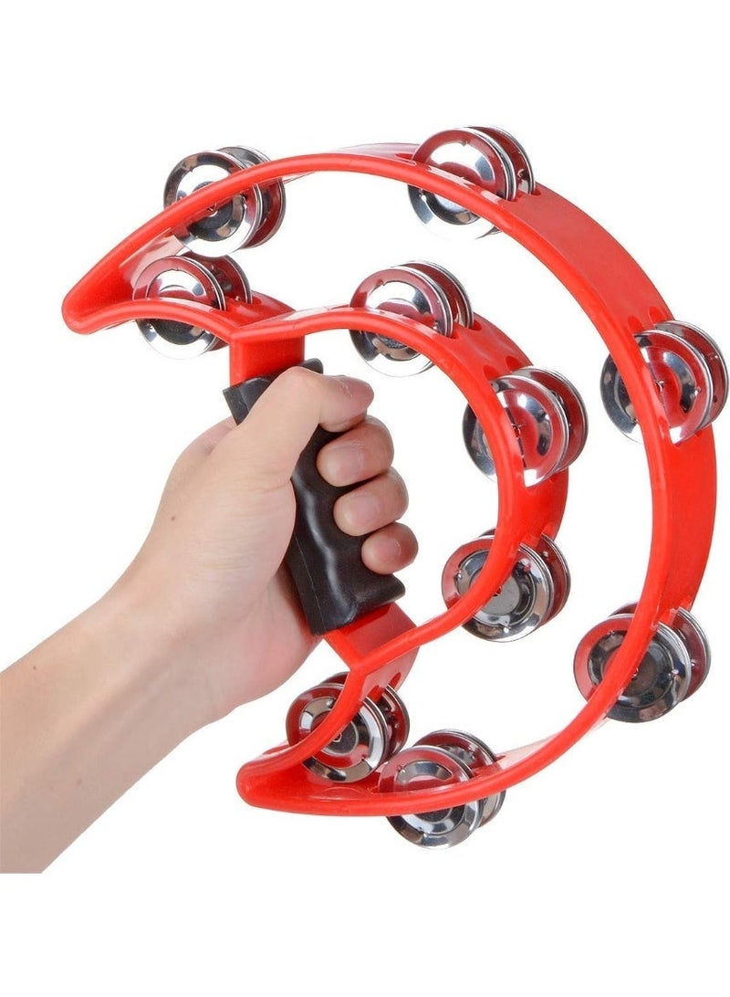 Pro Half Moon Plus Tambourine Handheld Bell Shaker Handbell Rattle Rhythm Hand Percussion Instrument with Double Row of 20x Steel Jingle Pair & Ergonomic Grip for Band Party Concert School Church - Image 1