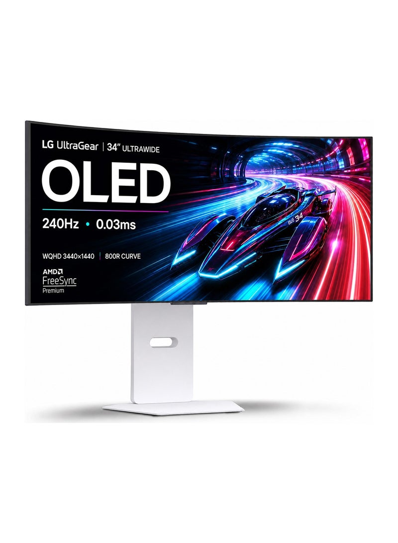 إل جي شاشة الألعاب المنحنية OLED UltraGear GX9s بحجم 34 بوصة – دقة WQHD (3440x1440) مع شاشة 800R، معدل تحديث 240Hz، زمن استجابة 0.03ms، AMD FreeSync Premium، VESA AdaptiveSync، HDR10، تغطية ألوان DCI-P3 بنسبة 98.5% 34GX90SA-W - Image 1