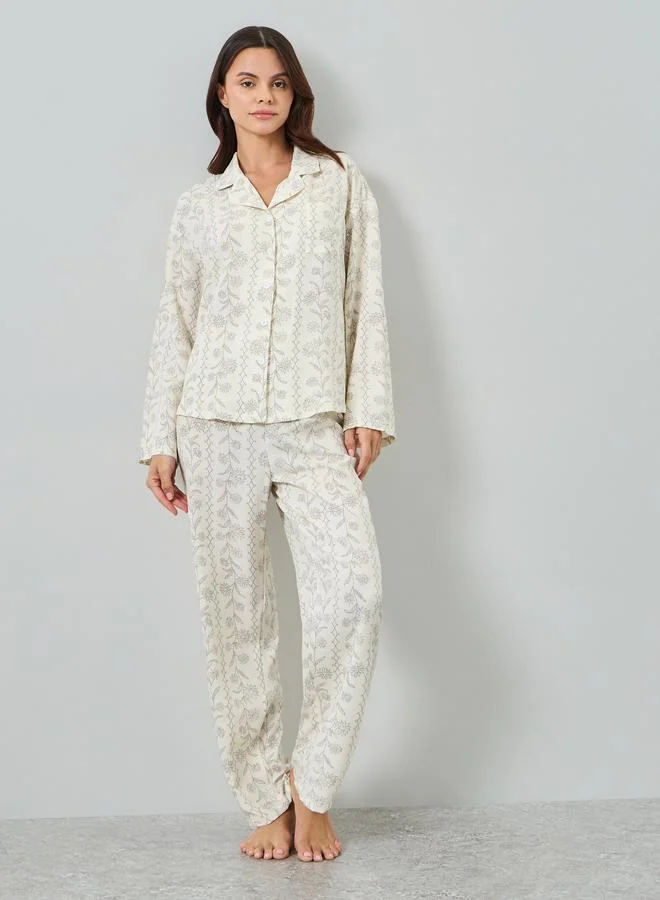 Styli Cream Floral Print Shirt and Pyjama Set