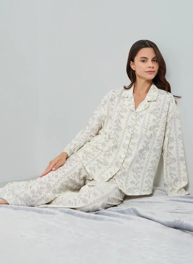 Styli Cream Floral Print Shirt and Pyjama Set