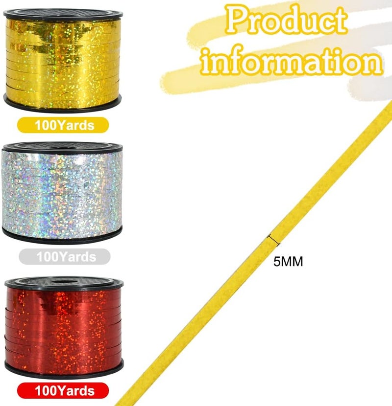 BEISHIDA 3 Pack 100 Yards Gold Silver Red Curling Crimped Glitter Ribbon Balloon String Shiny Metallic Gift Wrapping Ribbon Birthday Party Christmas Art Craft Decoration - Image 2
