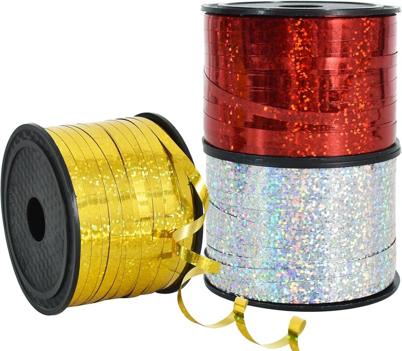 BEISHIDA 3 Pack 100 Yards Gold Silver Red Curling Crimped Glitter Ribbon Balloon String Shiny Metallic Gift Wrapping Ribbon Birthday Party Christmas Art Craft Decoration - Image 1