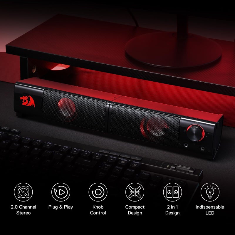 Redragon GS550 PC Gaming Speakers, 2.0 Channel Desktop Computer Sound Bar with Compact Maneuverable Size, Headphone Jack, Quality Bass & Decent Red Backlit, USB Powered w/ 3.5mm Cable - Image 2