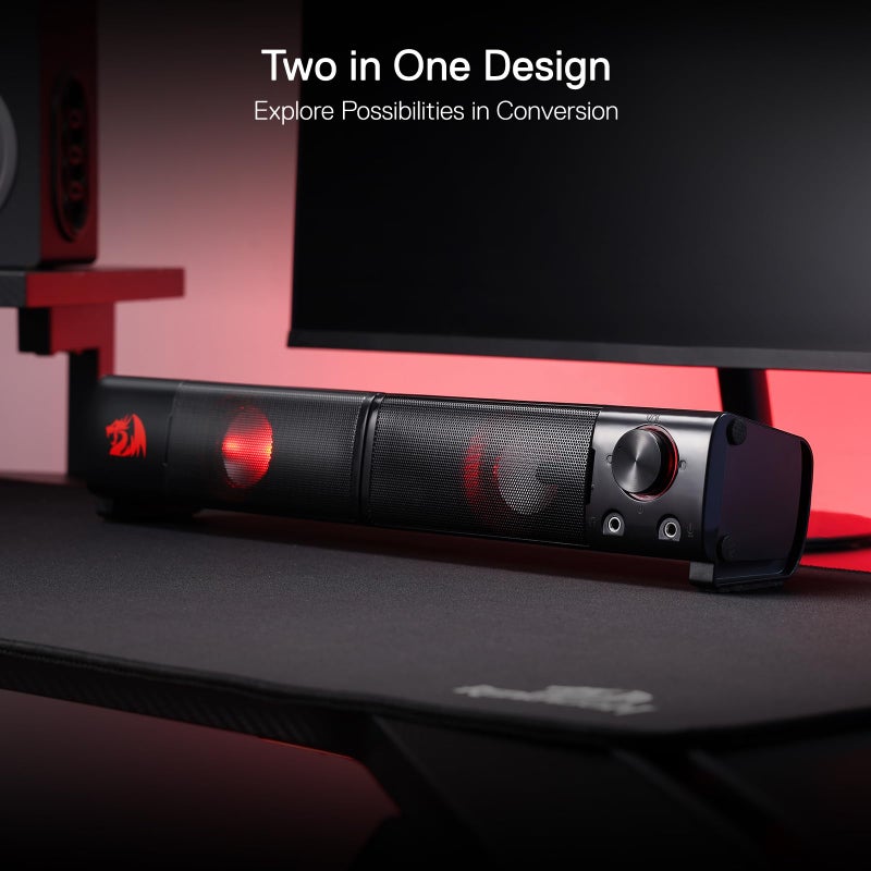 Redragon GS550 PC Gaming Speakers, 2.0 Channel Desktop Computer Sound Bar with Compact Maneuverable Size, Headphone Jack, Quality Bass & Decent Red Backlit, USB Powered w/ 3.5mm Cable - Image 5