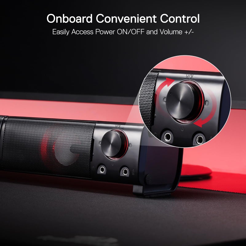 Redragon GS550 PC Gaming Speakers, 2.0 Channel Desktop Computer Sound Bar with Compact Maneuverable Size, Headphone Jack, Quality Bass & Decent Red Backlit, USB Powered w/ 3.5mm Cable - Image 4