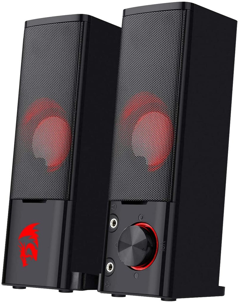 Redragon GS550 PC Gaming Speakers, 2.0 Channel Desktop Computer Sound Bar with Compact Maneuverable Size, Headphone Jack, Quality Bass & Decent Red Backlit, USB Powered w/ 3.5mm Cable - Image 1