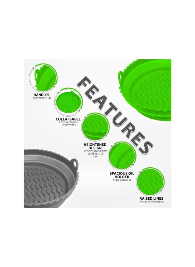 Raxoom Fryer Liners [2 Pcs] – Reusable Silicone Air Fryer Liner, 7.5 inch Foldable Collapsible Silicone Baking Pot, Easy to Clean Accessory for Air Fryer, Oven & Microwave (Green & Grey) - Image 2