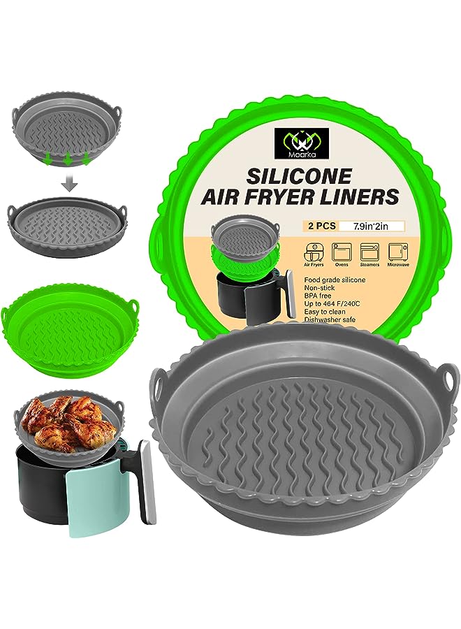Raxoom Fryer Liners [2 Pcs] – Reusable Silicone Air Fryer Liner, 7.5 inch Foldable Collapsible Silicone Baking Pot, Easy to Clean Accessory for Air Fryer, Oven & Microwave (Green & Grey) - Image 1