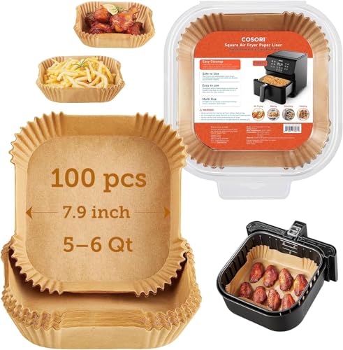 COSORI Air Fryer Liners, 100 PCS Square Disposable Paper Liners, Non-Stick Silicone Oil Coating, Little to No Cleaning, 7.9" Unbleached Food Grade, Resistant to 465°F, Thickened Not Easy to Break - Image 1