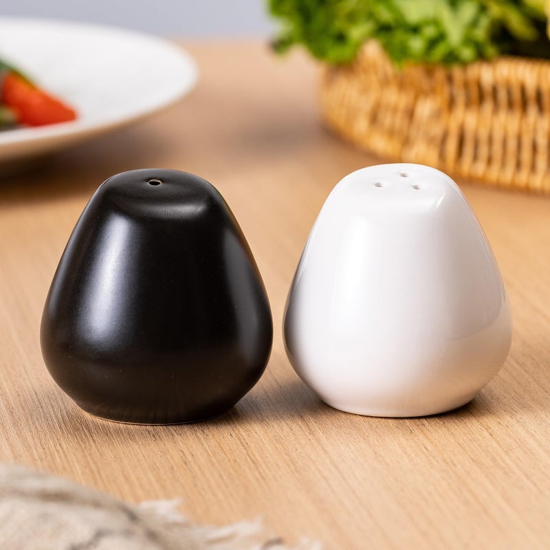 Tanew Ceramic Salt and Pepper Shakers Set of 2 2oz Farmhouse Style Vintage Cute Mini Salt Shakers Glossy White and Matte Black Perfect for Compact Cooking Travel BBQ Kitchen and Resturant Decor