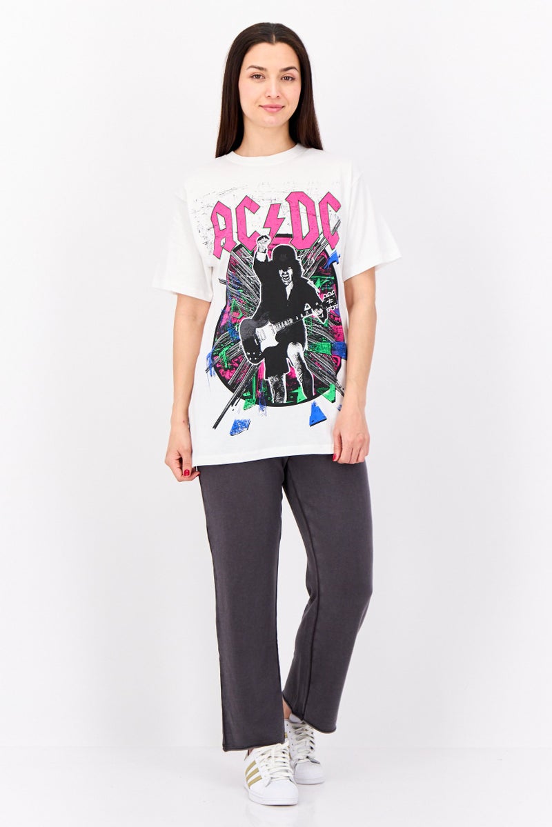AC/DC تي شيرت نسائي بأكمام قصيرة وياقة دائرية بطباعة جرافيك، أبيض - Image 4