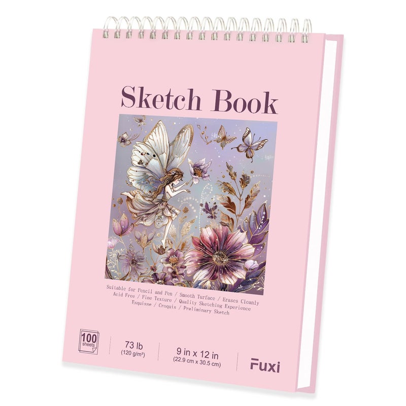 Fuxi Cute Sketchbook Pink, 9"x12" Sketch Book for Teen Girls, 100 Sheets Girl Sketchbook 73lb/120gsm Drawing Paper for Kids, Art Supplies for Teens 14-16 Girls. - Image 1