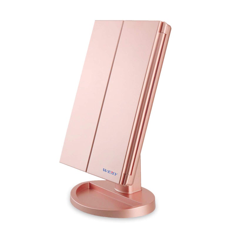 WEILY Makeup Mirror 1x2X3X Trifold Makeup Mirror with 21 LED Lights and Adjustable Touch Screen Mirrors Cosmetic Countertop Mirrors Rose Gold
