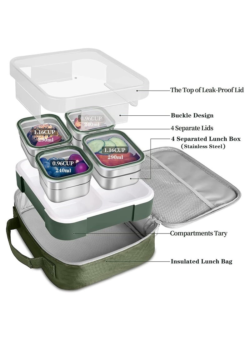 Kids School Stainless Steel Lunch Box Insulated Bento Lunch Box with Storage Bag 4 Compartments Divided Lunch Container with Lid  (Green 1060ML) - Image 2
