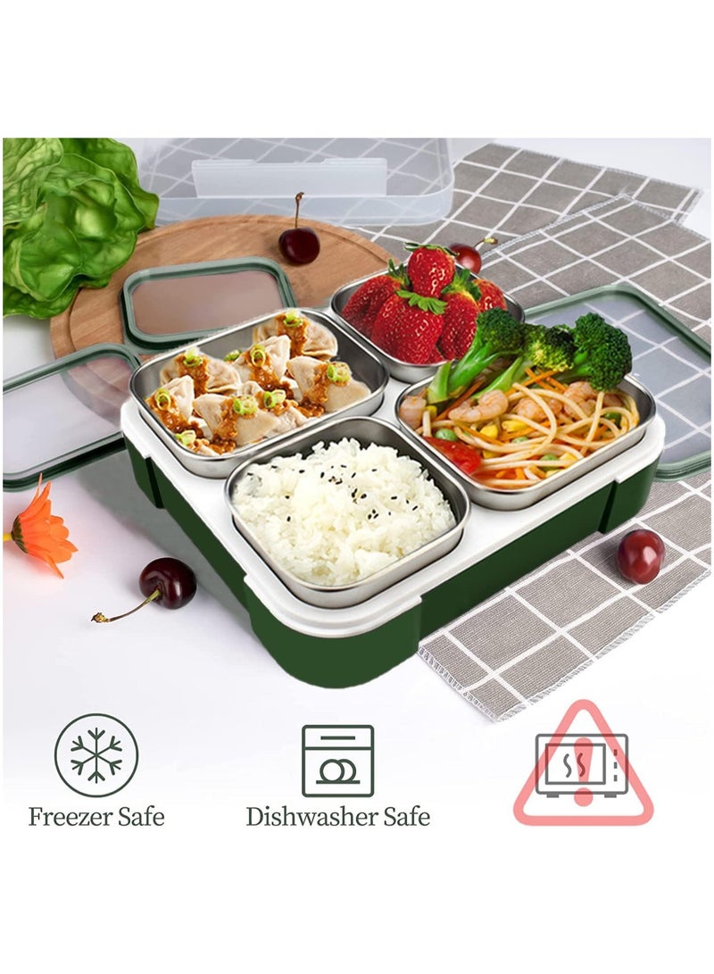 Kids School Stainless Steel Lunch Box Insulated Bento Lunch Box with Storage Bag 4 Compartments Divided Lunch Container with Lid  (Green 1060ML) - Image 4