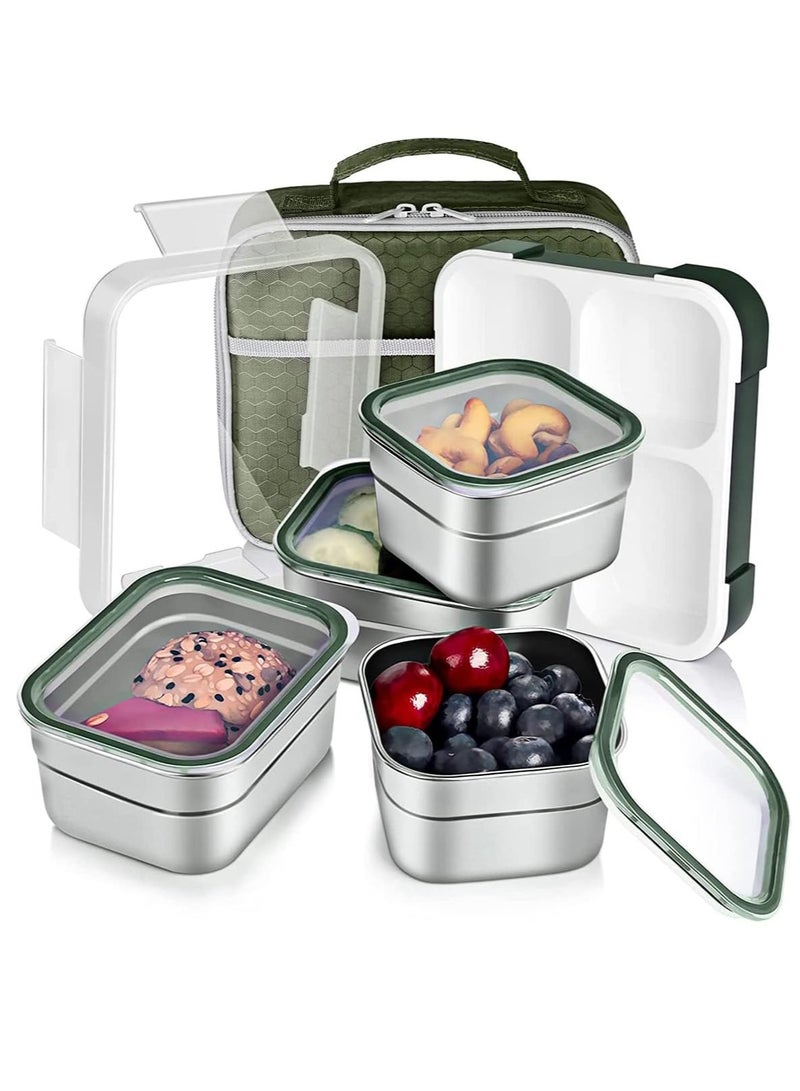 Kids School Stainless Steel Lunch Box Insulated Bento Lunch Box with Storage Bag 4 Compartments Divided Lunch Container with Lid  (Green 1060ML) - Image 1