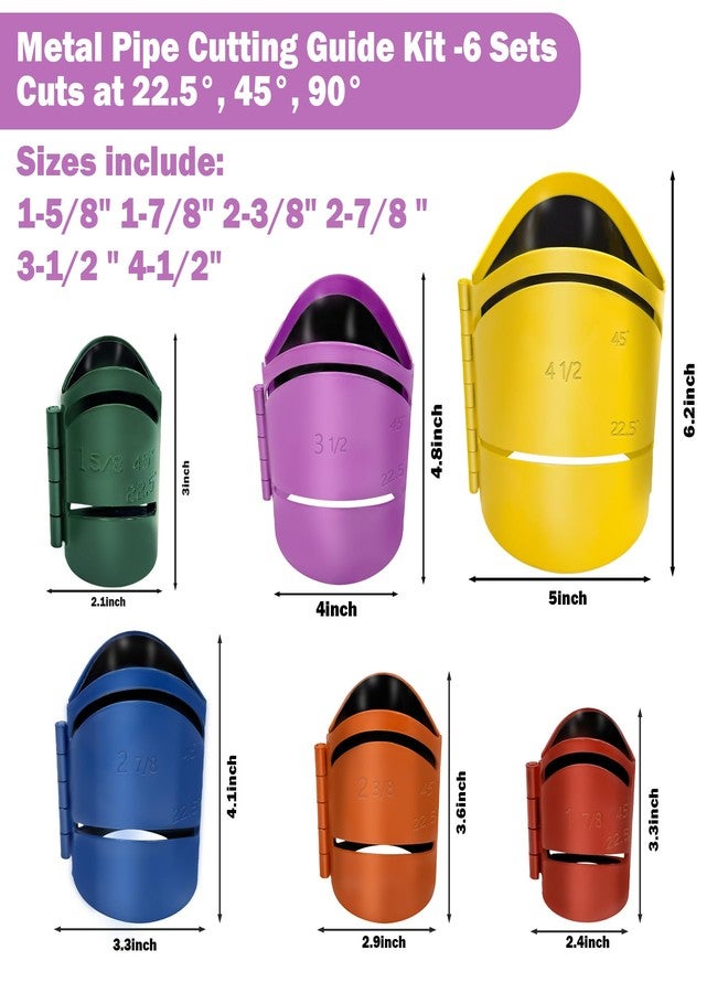 WPL 6 Piece Metal Pipe Cutting Guide Kit Sizes Include: 1-5/8“ 1-7/8” 2-3/8“ 2-7/8 ” 3-1/2 “ 4-1/2”, Pipe Saddle Template Cutting Guide Saddle Cuts at 22.5°, 45°, 90° - Image 2