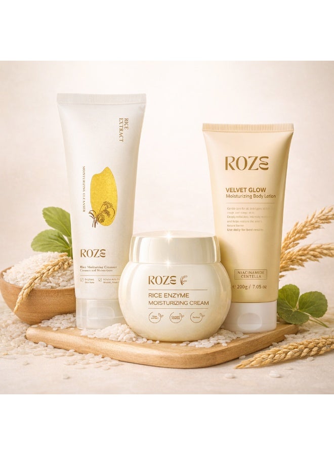 Roze Rice & Velvet Skin Ritual | Rice cleanser | Rice Moisturizer | Velvet Glow Body lotion - Image 1