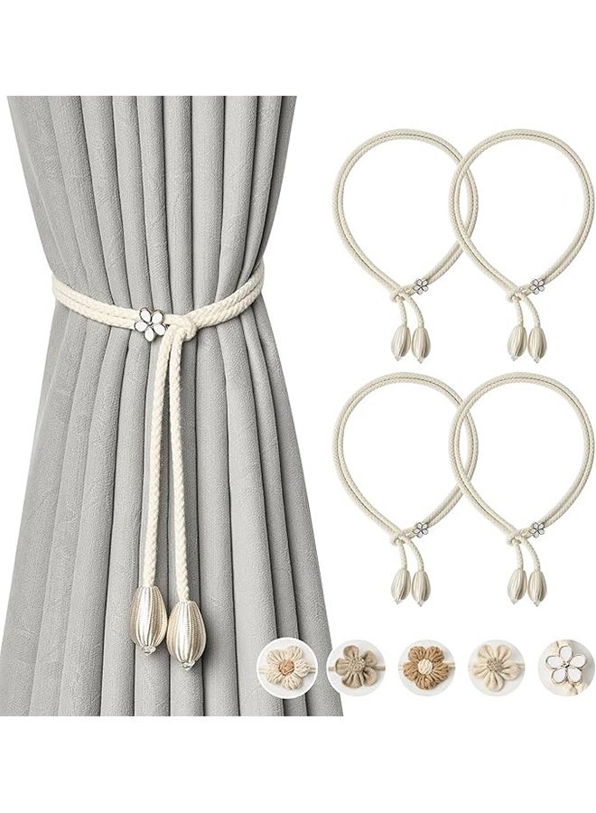 4 Pack Cute Hand-Woven Flower Curtain Tiebacks Boho Farmhouse Style Home Decor Drape Tie Backs Adjustable Natural Cotton Rope Curtain Holdbacks for Home Office Window Draperies (Drop) - Image 1