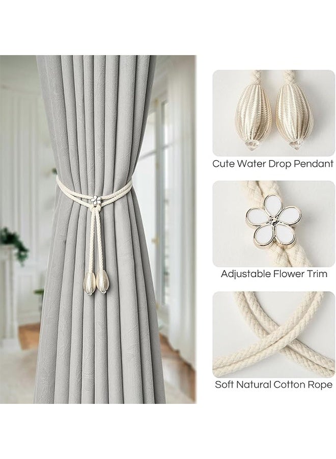 4 Pack Cute Hand-Woven Flower Curtain Tiebacks Boho Farmhouse Style Home Decor Drape Tie Backs Adjustable Natural Cotton Rope Curtain Holdbacks for Home Office Window Draperies (Drop) - Image 3