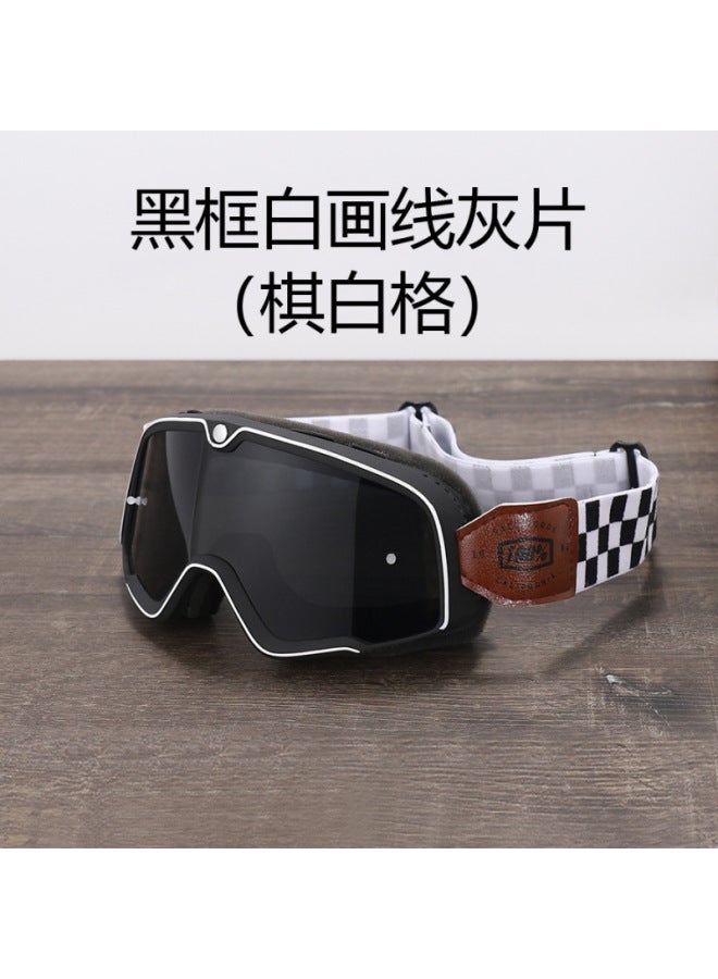 Pitscottfox 100 Retro Motorcycle Riding Goggles, Black Frame White Line Gray Film Chess White Grid, Windproof