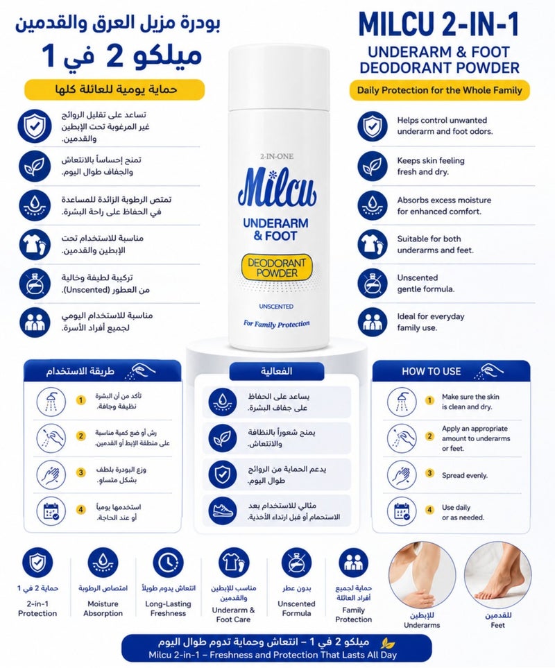 Milcu 2-in-1 Underarm & Foot Deodorant Powder 40G - Image 2