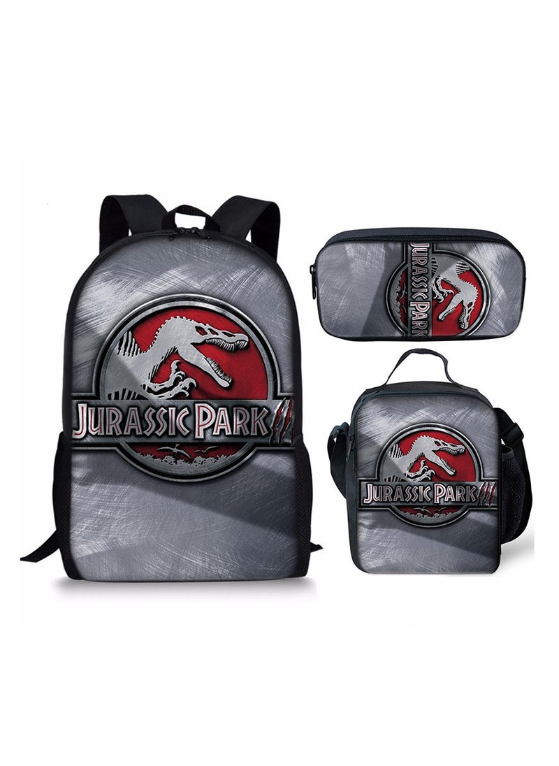 JURASSIC WORLD New Jurassic Park Dinosaur Three piece Set with Large Capacity Backpack, Student School Bag, Lunch Bag, Pen Bag  - Image 1