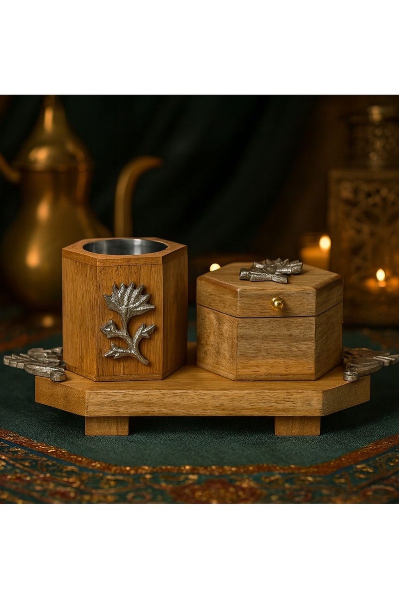 Roman Gifts Set of 3 Elegant Solid Wood Incense Burner with Aluminum Inlays Premium Collection with Tray Holder & Burner for Home Décor or tabletop - Image 1