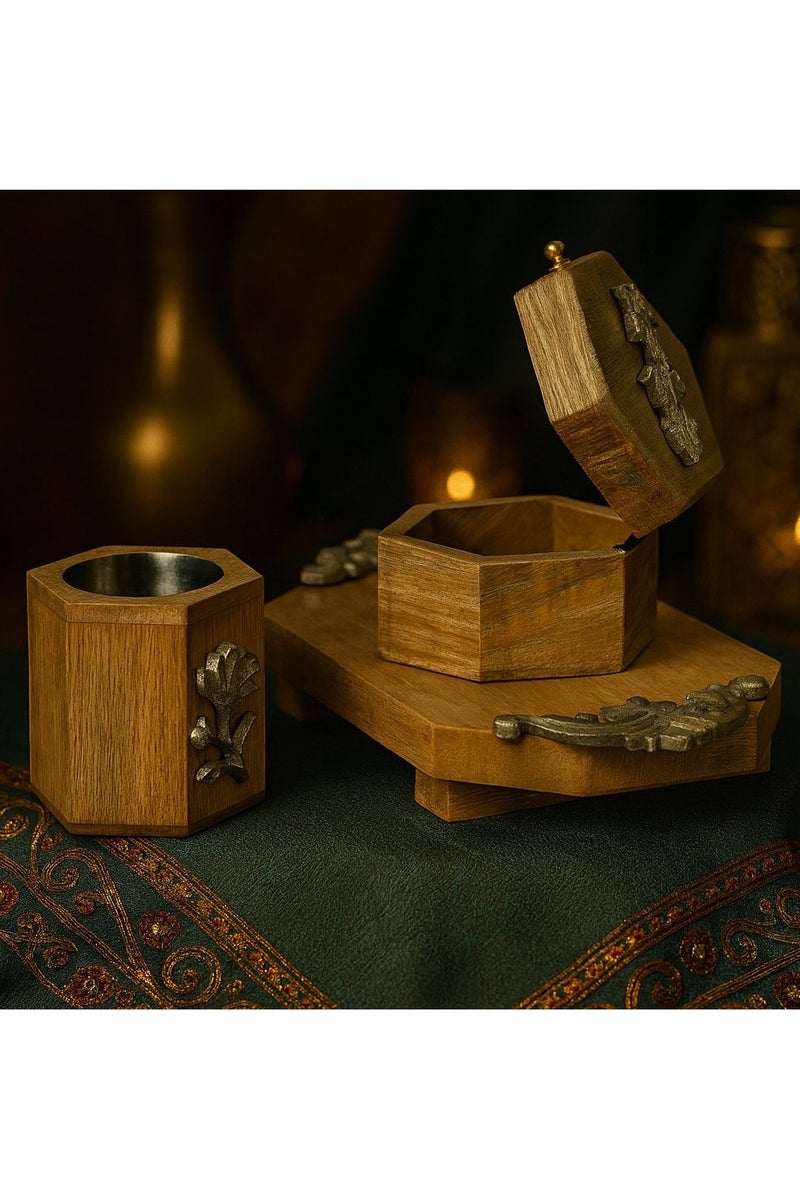 Roman Gifts Set of 3 Elegant Solid Wood Incense Burner with Aluminum Inlays Premium Collection with Tray Holder & Burner for Home Décor or tabletop - Image 2