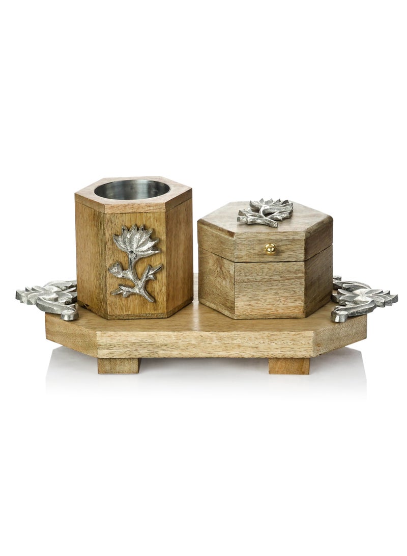 Roman Gifts Set of 3 Elegant Solid Wood Incense Burner with Aluminum Inlays Premium Collection with Tray Holder & Burner for Home Décor or tabletop - Image 5