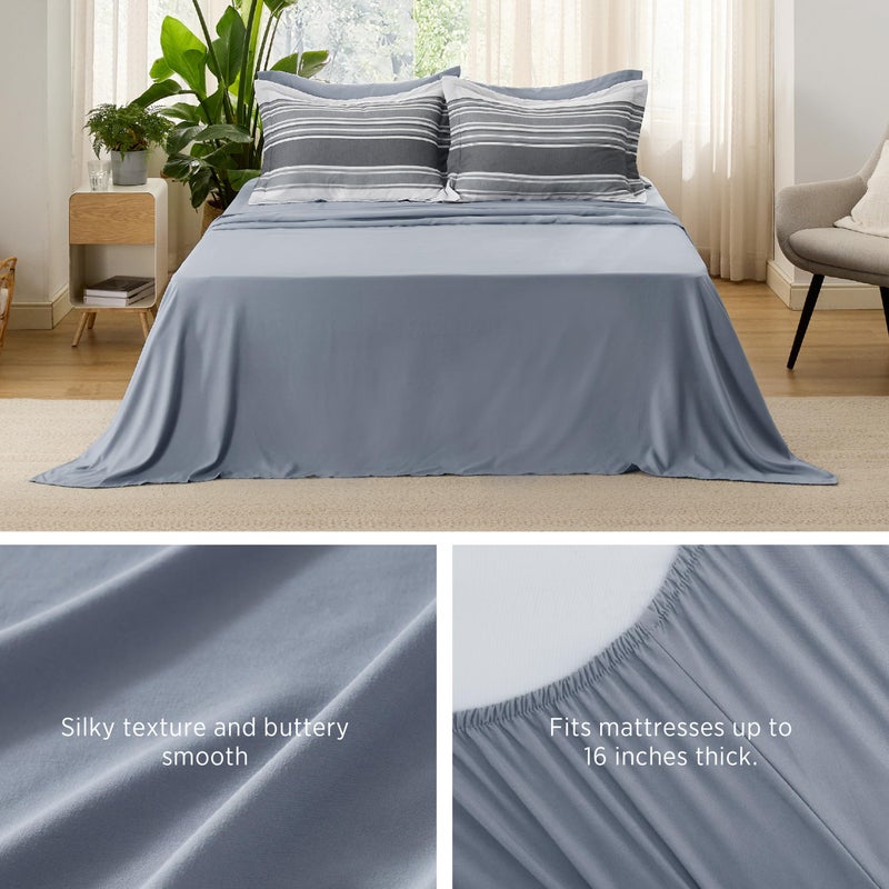 Bedsure Queen Size Comforter Set 7 Pieces Bed in a Bag, Cationic Dyeing, Reversible, Bedding Set for All Seasons with 1 Comforter (230 cm x 230 cm), 1 Fitted Sheet (150 cm x 203 cm) with 35 cm Deep Pocket,  1 Flat Sheet (229 cm x 260 cm) , 2 Pillowcases (50 cm x 90 cm) & 2 Pillow Shams (50 cm x 66 cm), Dark Grey Striped - Image 4