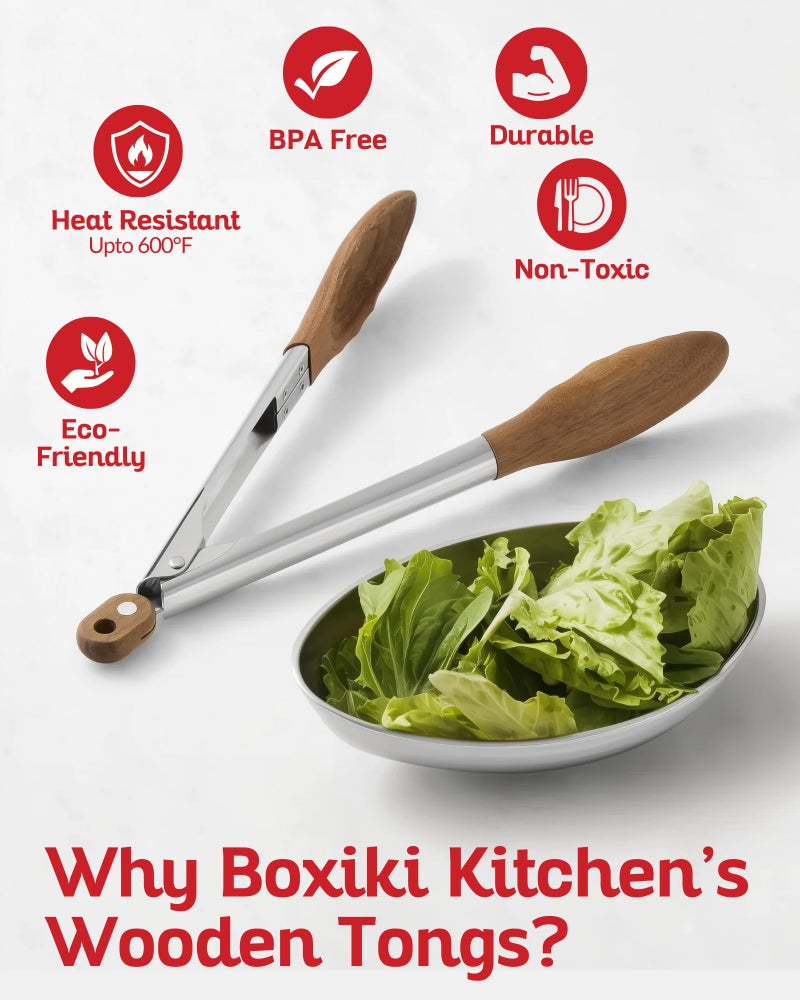 Boxiki Kitchen Wooden Tongs for Cooking - Nonstick Kitchen Salad Tongs for Serving Food, Grilling, Cooking, BBQ and Tossing Salad - Made of Natural Walnut Wood, Size 12-inch - Image 5