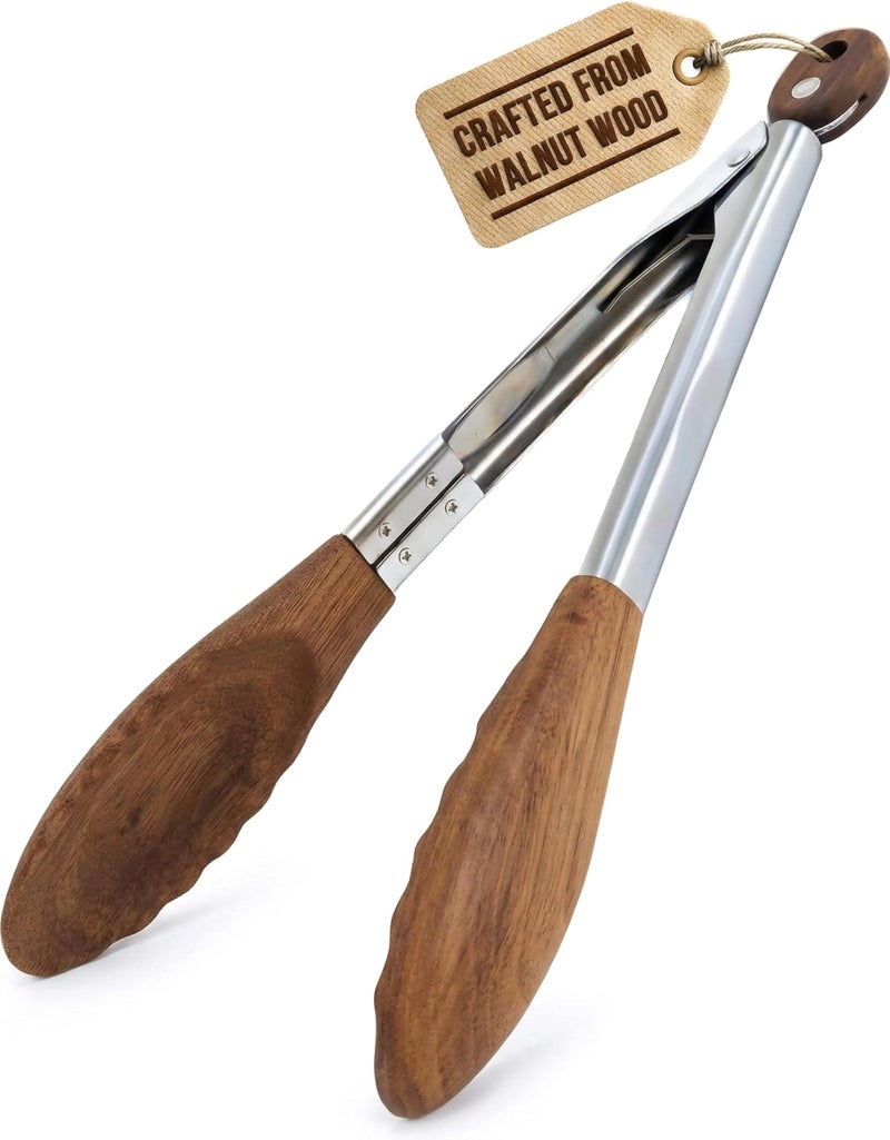 Boxiki Kitchen Wooden Tongs for Cooking - Nonstick Kitchen Salad Tongs for Serving Food, Grilling, Cooking, BBQ and Tossing Salad - Made of Natural Walnut Wood, Size 12-inch - Image 1