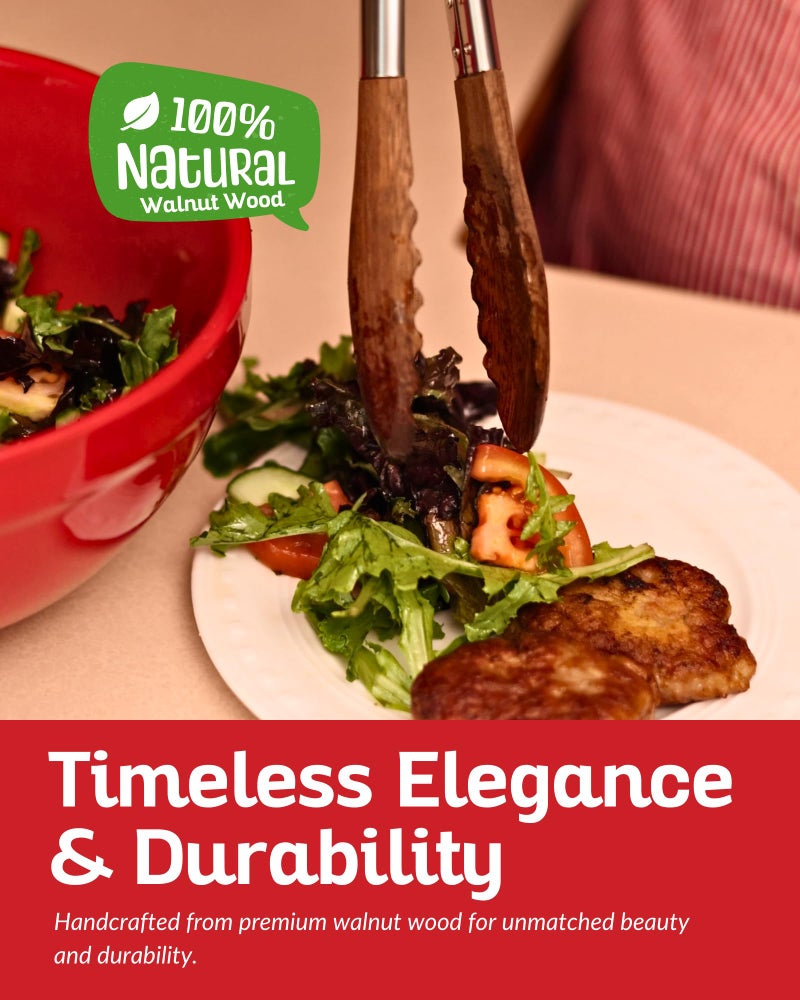 Boxiki Kitchen Wooden Tongs for Cooking - Nonstick Kitchen Salad Tongs for Serving Food, Grilling, Cooking, BBQ and Tossing Salad - Made of Natural Walnut Wood, Size 12-inch - Image 4