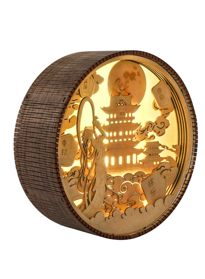 general Dunhuang wood carving lamp creative gift retro literary gift bedside, living room, bedroom, office, dining room, 3D night light decorative ornament table lamp paper carving lamp - Mid-Autumn Festival - Chang'e in the Moon - Round - Image 1