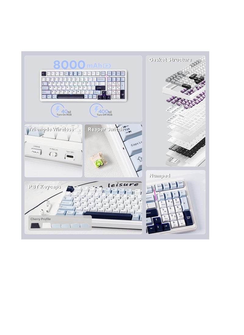 AULA F99 Wireless Mechanical Keyboard, Hot Swappable Gasket Custom Gaming Keyboard with Five-Layer Padding, Bluetooth/2.4GHz/USB-C, 8000mAh Battery (White Blue, Reaper Switch)