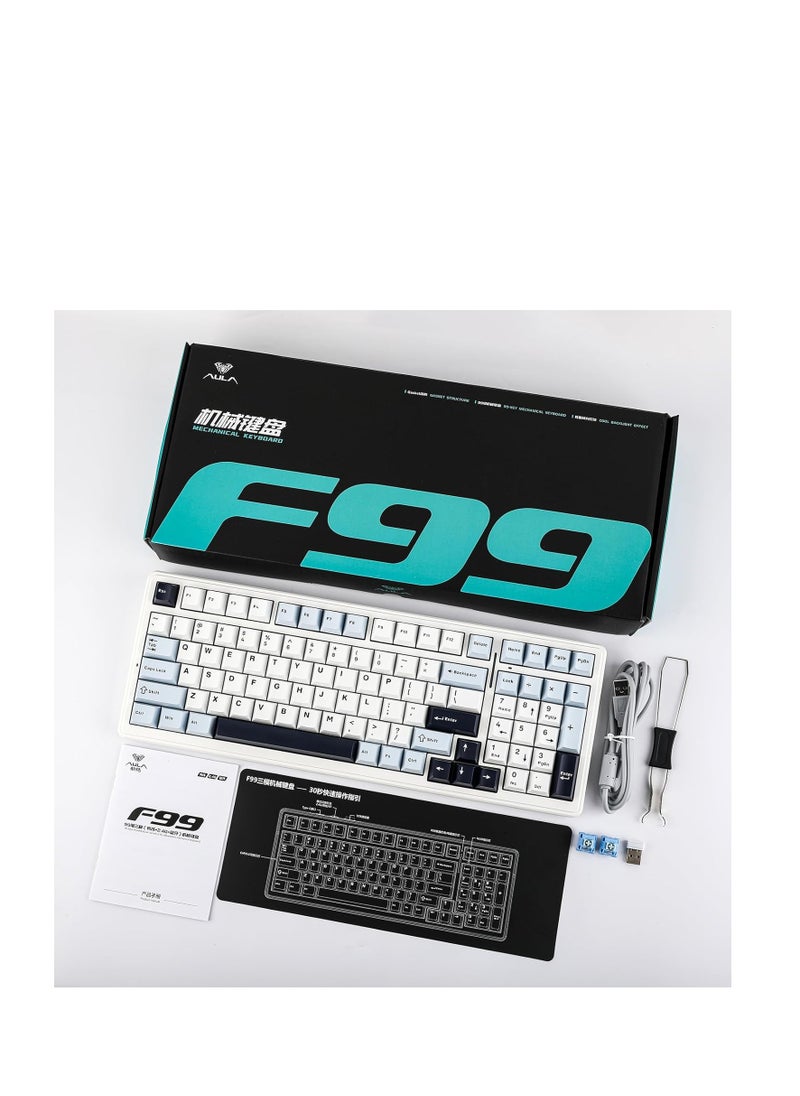 AULA F99 Wireless Mechanical Keyboard, Hot Swappable Gasket Custom Gaming Keyboard with Five-Layer Padding, Bluetooth/2.4GHz/USB-C, 8000mAh Battery (White Blue, Reaper Switch)
