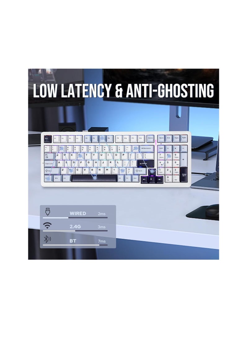 AULA F99 Wireless Mechanical Keyboard, Hot Swappable Gasket Custom Gaming Keyboard with Five-Layer Padding, Bluetooth/2.4GHz/USB-C, 8000mAh Battery (White Blue, Reaper Switch)