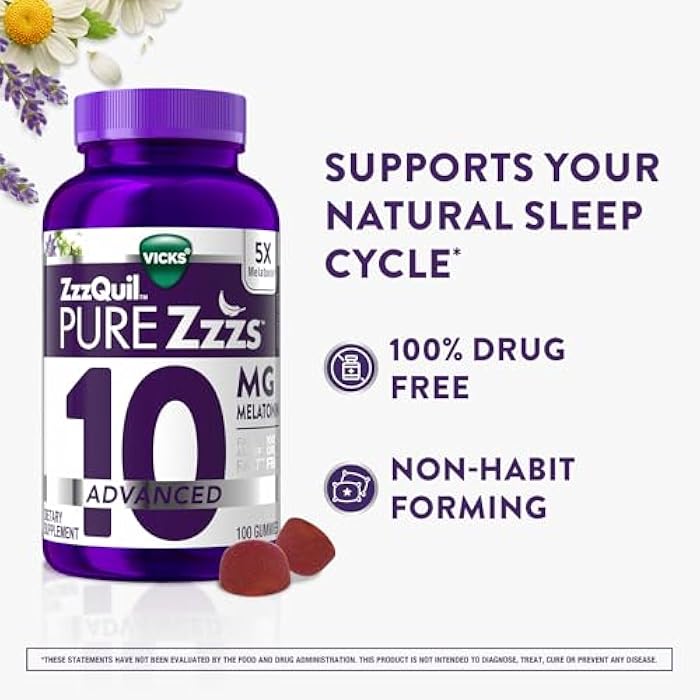 ZzzQuil ز ز ز كويل بيور ز ز ز متقدمة جوميز الميلاتونين، ميلاتونين 10 ملغ، مساعد نوم، مع البابونج والخزامى، جوميز نوم الميلاتونين، مساعدات النوم للبالغين، بنكهة التوت، 100 جوميز نوم - Image 3