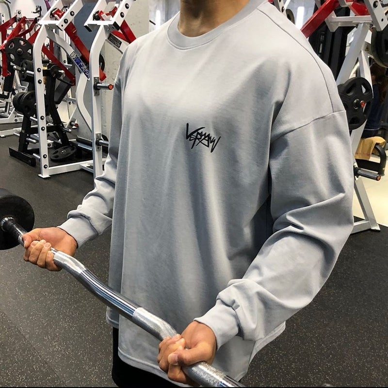 Generic Muscle fashion brand loose fitness clothes casual training sportswear long-sleeved T-shirt pullover sweater thin men Light gray 